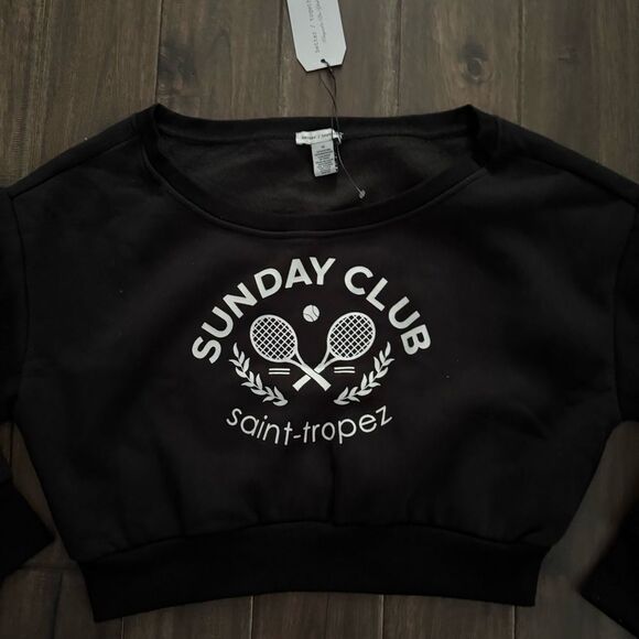 Better Together Black Sunday Club Off the Shoulder Cropped Sweatshirt M NWT - Picture 2 of 4